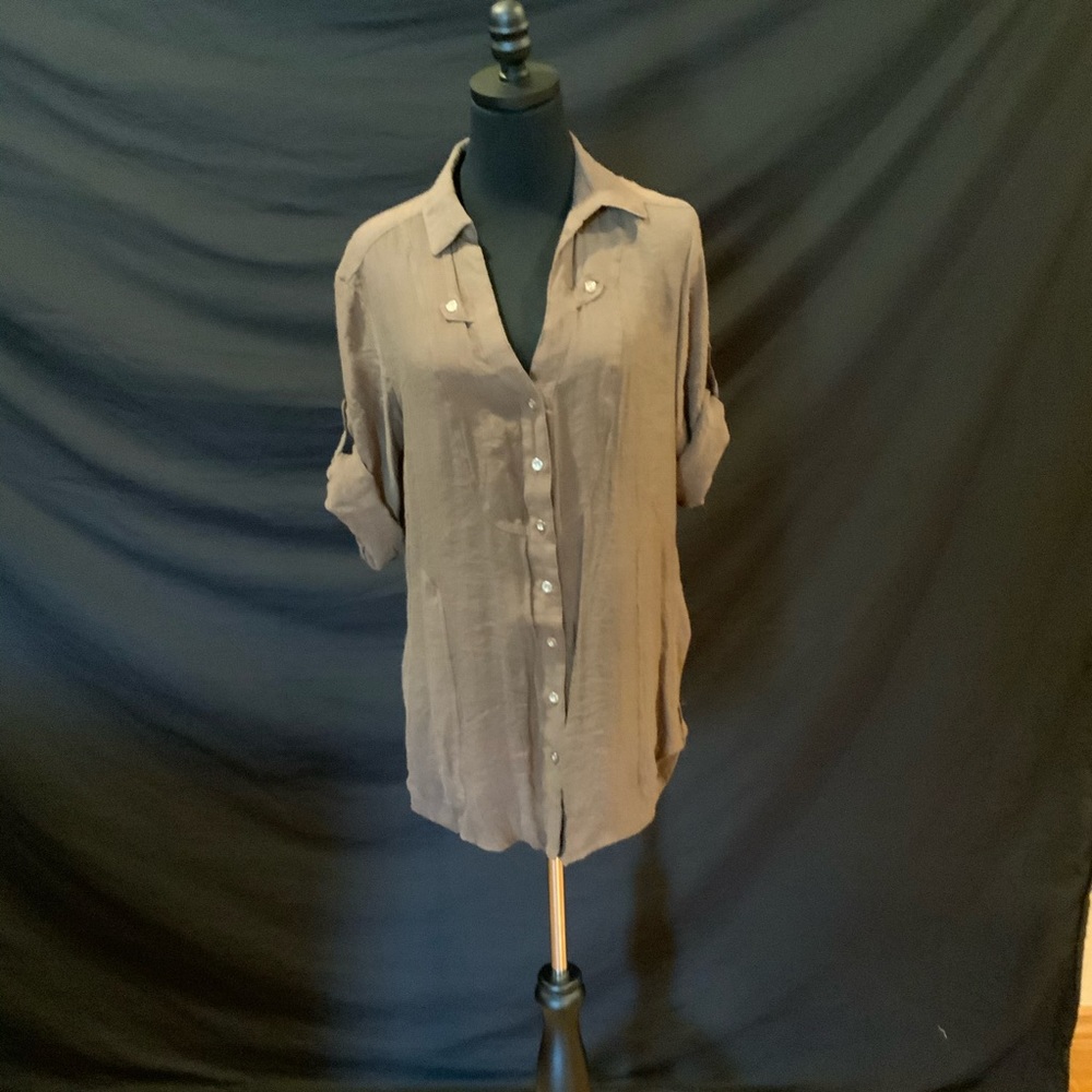 BLVD Sheer Brown Button Down Blouse
